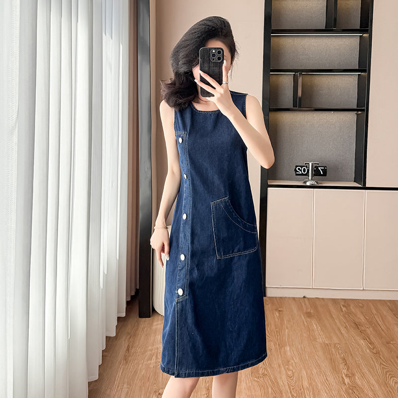 2025 Summer New Loose Straight Tube Dress, Plus Size Hong Kong-style Denim Midi Dress, Sleeveless with Round Neck