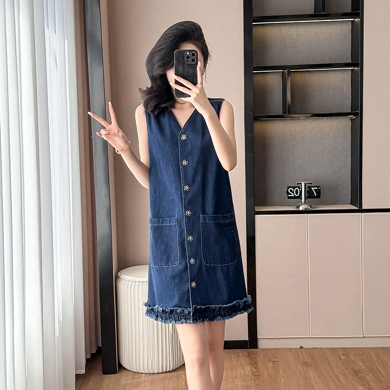 2025 Summer New Retro Hong Kong Style Loose A-line Denim Dress, Sleeveless Mini Dress with Flared Hem