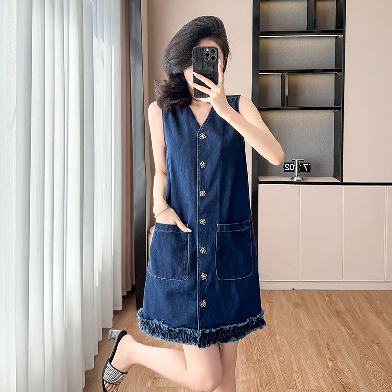 2025 Summer New Retro Hong Kong Style Loose A-line Denim Dress, Sleeveless Mini Dress with Flared Hem