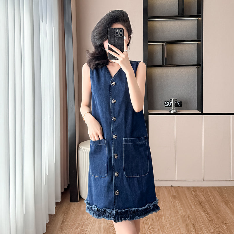 2025 Summer New Retro Hong Kong Style Loose A-line Denim Dress, Sleeveless Mini Dress with Flared Hem