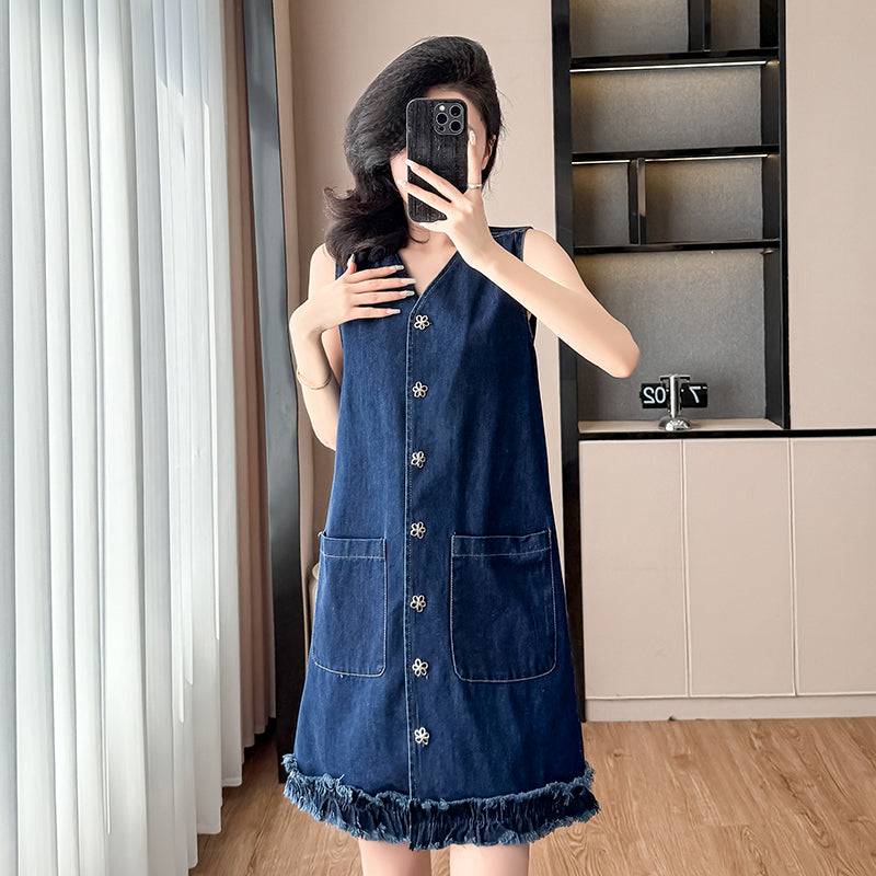 2025 Summer New Retro Hong Kong Style Loose A-line Denim Dress, Sleeveless Mini Dress with Flared Hem