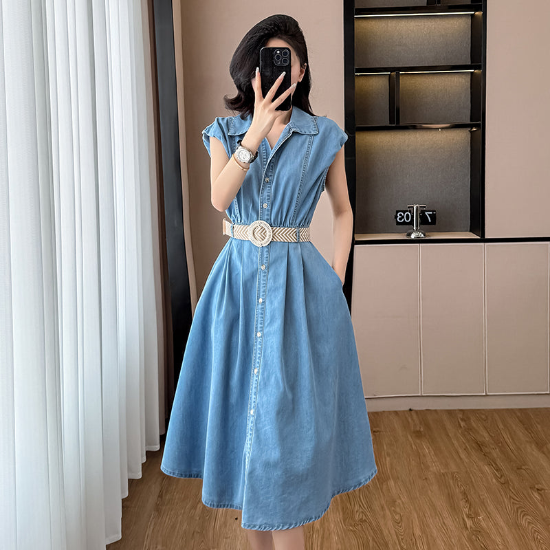 2025 Summer New Sleeveless Denim Midi Dress, French-style Waist-cinching with a Sense of High-end
