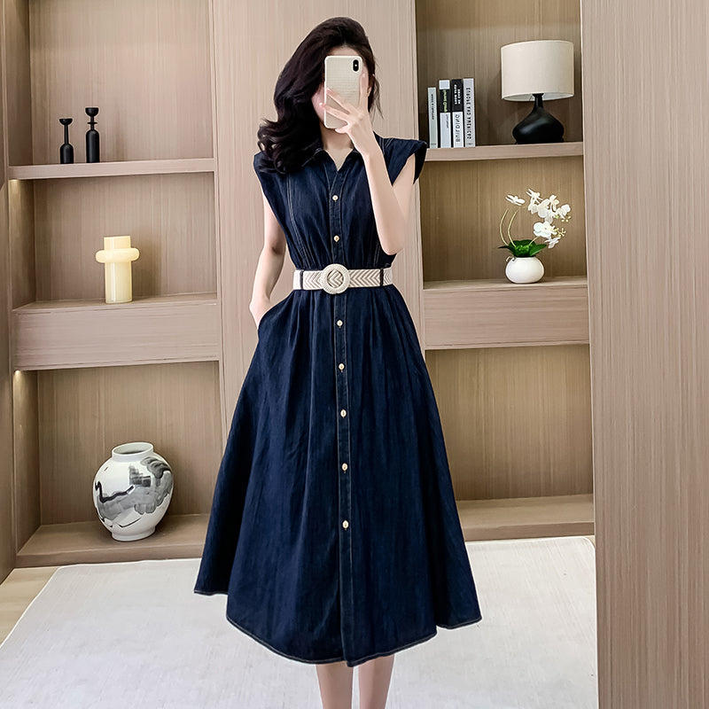 2025 Summer New Sleeveless Denim Midi Dress, French-style Waist-cinching with a Sense of High-end