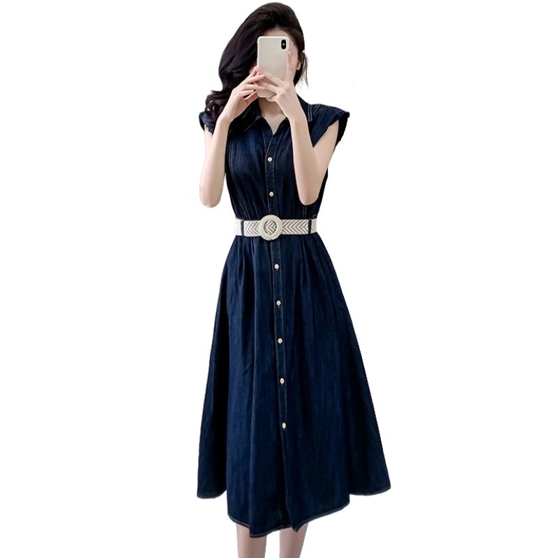 2025 Summer New Sleeveless Denim Midi Dress, French-style Waist-cinching with a Sense of High-end