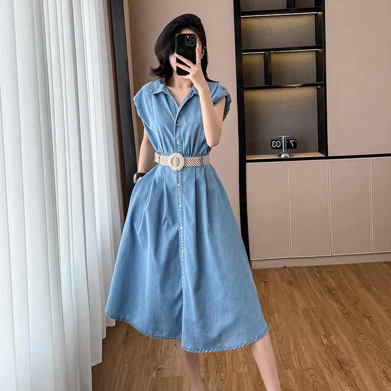 2025 Summer New Sleeveless Denim Midi Dress, French-style Waist-cinching with a Sense of High-end