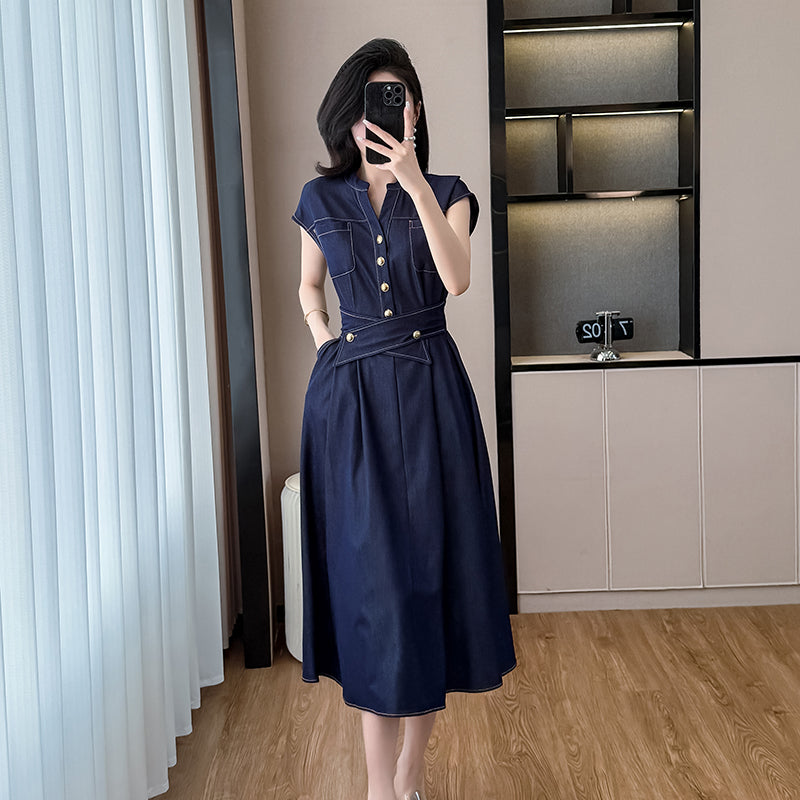 2025 Summer New Women's Waist - cinching, Slimming, Elegant and Commuting Mid - length Denim Dress with Short Sleeves