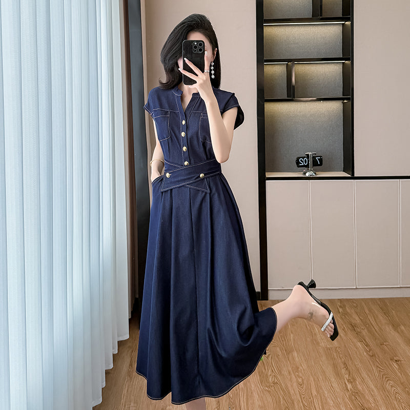 2025 Summer New Women's Waist - cinching, Slimming, Elegant and Commuting Mid - length Denim Dress with Short Sleeves