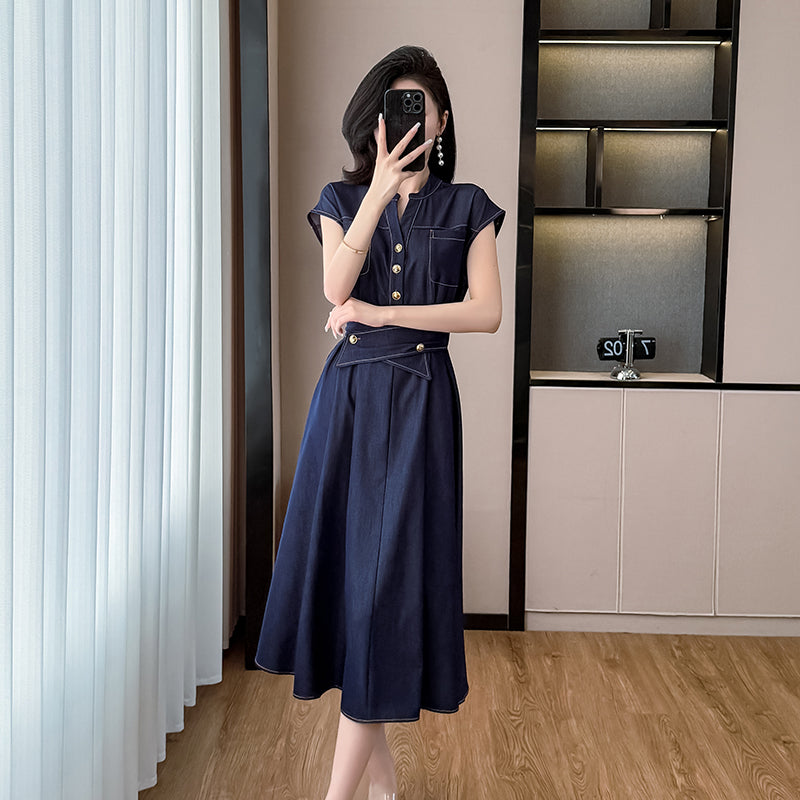 2025 Summer New Women's Waist - cinching, Slimming, Elegant and Commuting Mid - length Denim Dress with Short Sleeves