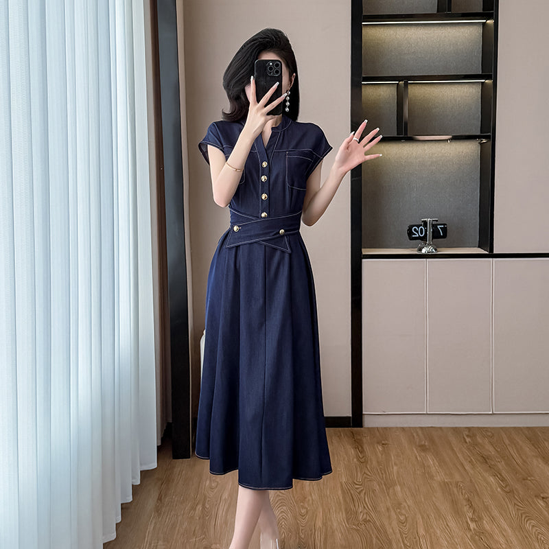 2025 Summer New Women's Waist - cinching, Slimming, Elegant and Commuting Mid - length Denim Dress with Short Sleeves
