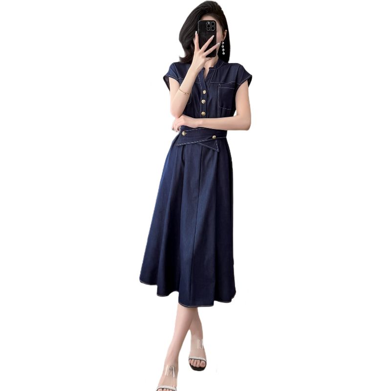 2025 Summer New Women's Waist - cinching, Slimming, Elegant and Commuting Mid - length Denim Dress with Short Sleeves