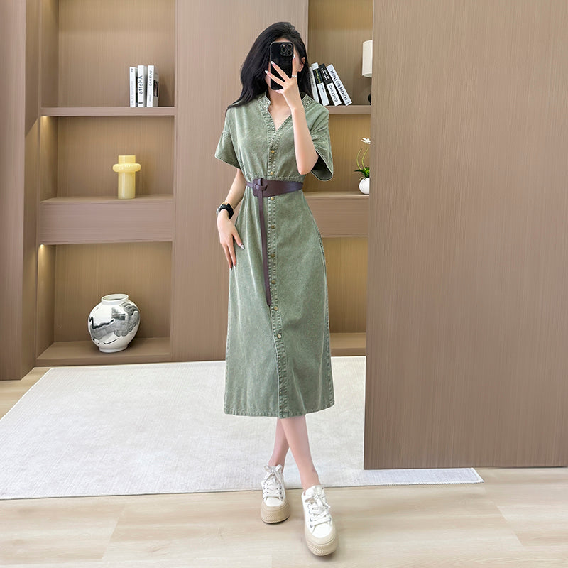 Summer new lazy style loose French dress, denim mid-length dress, waist - cinching and slimming