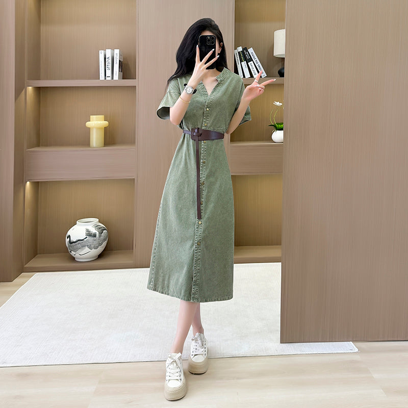 Summer new lazy style loose French dress, denim mid-length dress, waist - cinching and slimming