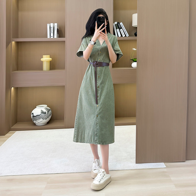 Summer new lazy style loose French dress, denim mid-length dress, waist - cinching and slimming