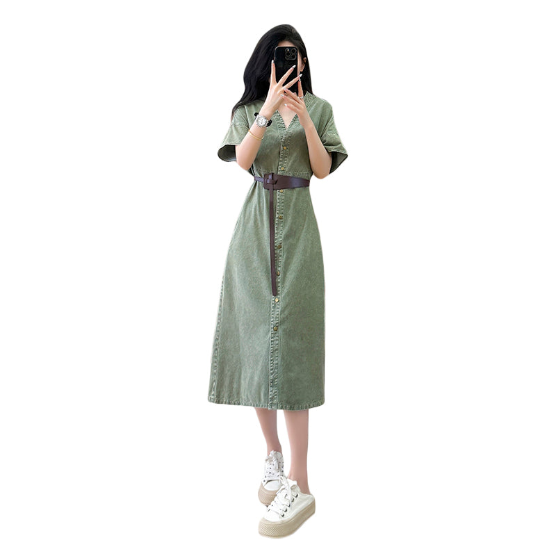 Summer new lazy style loose French dress, denim mid-length dress, waist - cinching and slimming