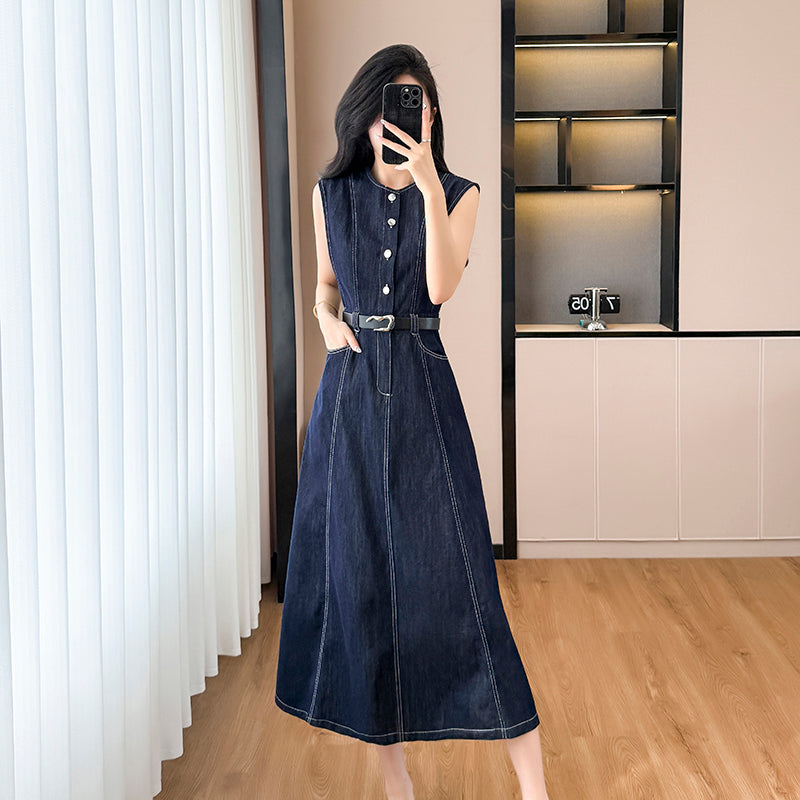2025 Summer New Sleeveless Dress, Mid-length Dress, Slimming Denim Dress, French-style Waist-cinching