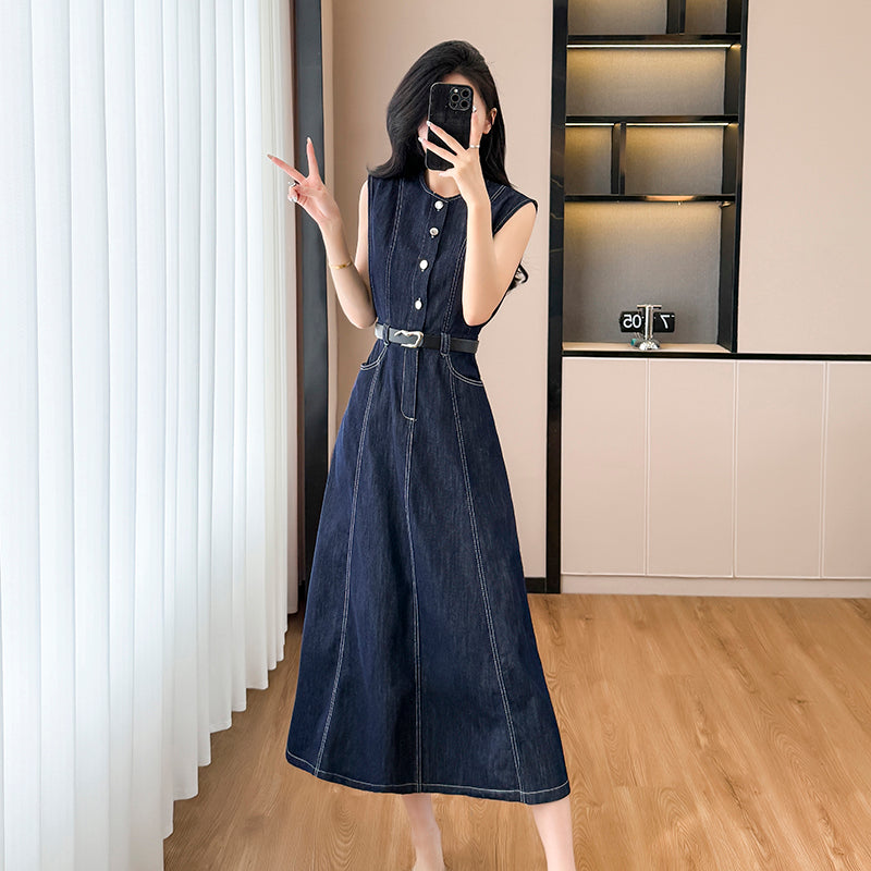 2025 Summer New Sleeveless Dress, Mid-length Dress, Slimming Denim Dress, French-style Waist-cinching