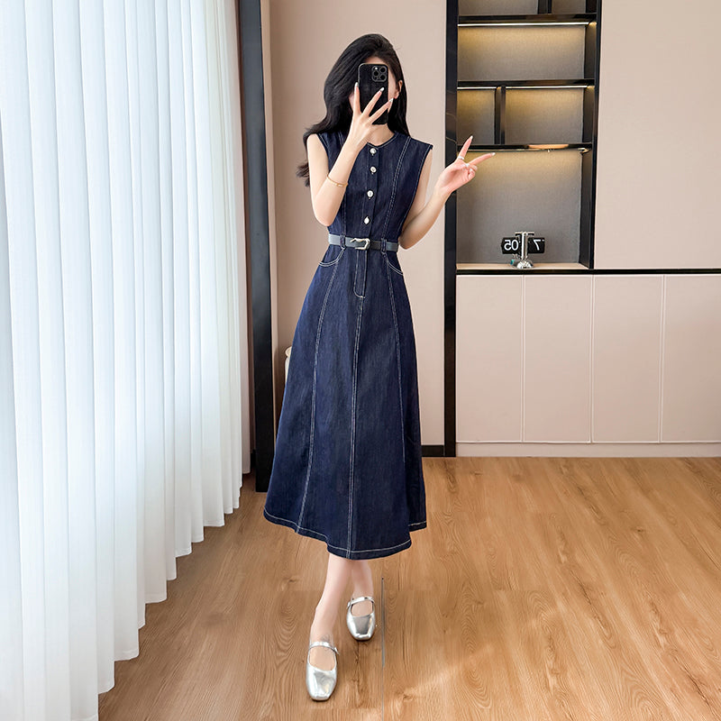 2025 Summer New Sleeveless Dress, Mid-length Dress, Slimming Denim Dress, French-style Waist-cinching