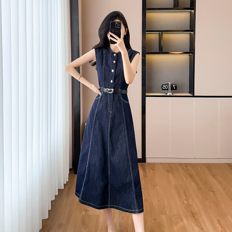 2025 Summer New Sleeveless Dress, Mid-length Dress, Slimming Denim Dress, French-style Waist-cinching
