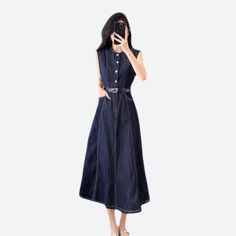 2025 Summer New Sleeveless Dress, Mid-length Dress, Slimming Denim Dress, French-style Waist-cinching