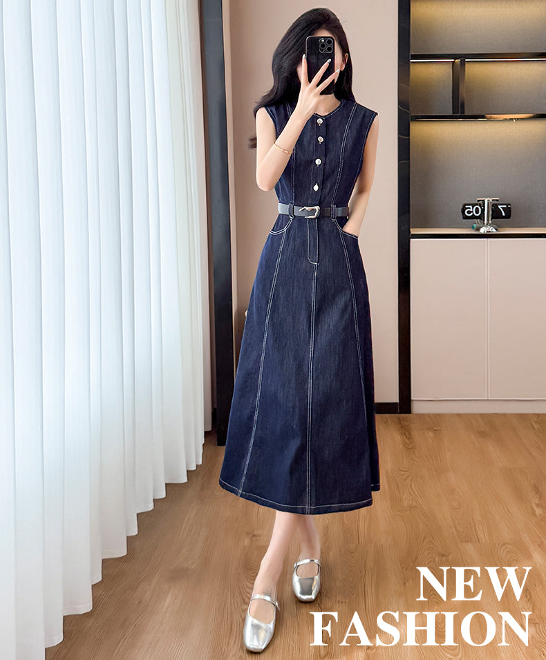 2025 Summer New Sleeveless Dress, Mid-length Dress, Slimming Denim Dress, French-style Waist-cinching