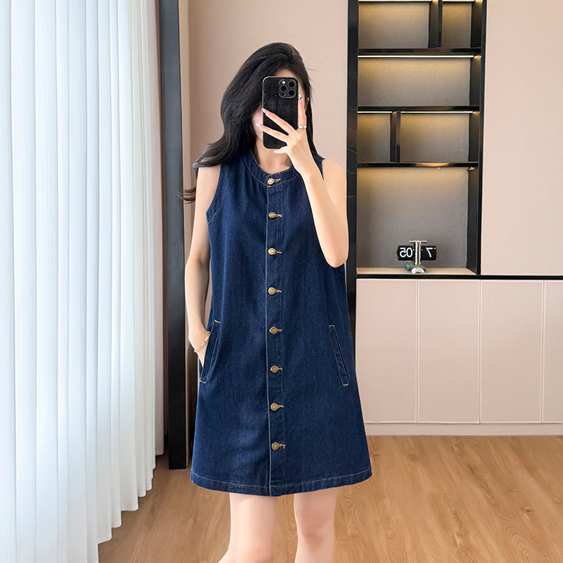 2025 Summer New Retro Design Denim Vest Dress for Women, Fashionable Sleeveless