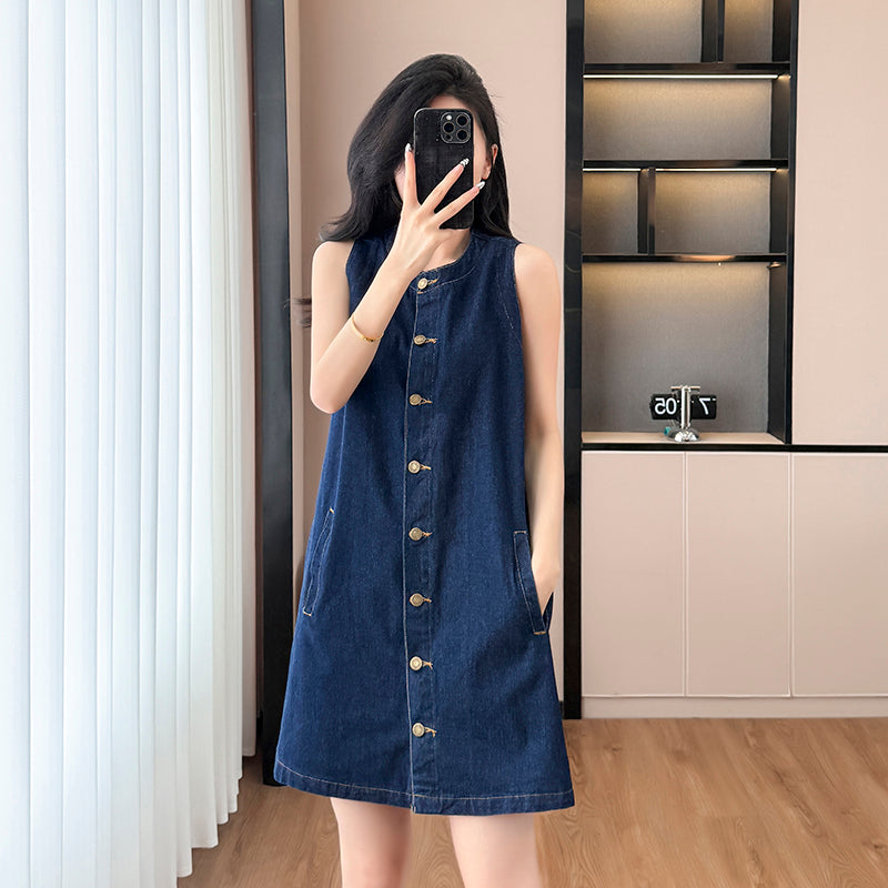 2025 Summer New Retro Design Denim Vest Dress for Women, Fashionable Sleeveless