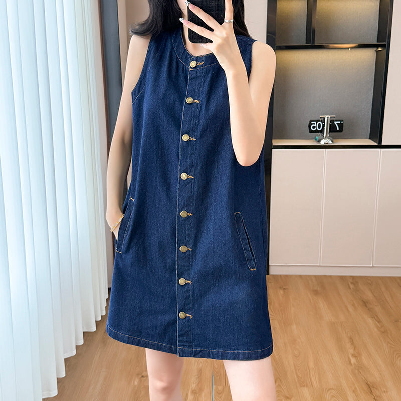 2025 Summer New Retro Design Denim Vest Dress for Women, Fashionable Sleeveless