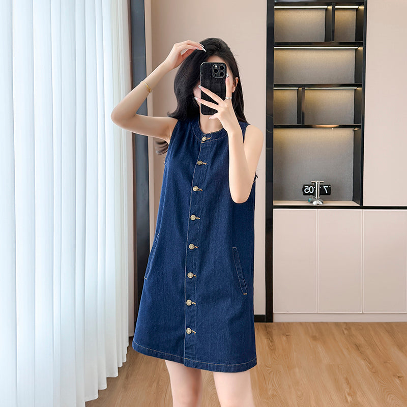 2025 Summer New Retro Design Denim Vest Dress for Women, Fashionable Sleeveless