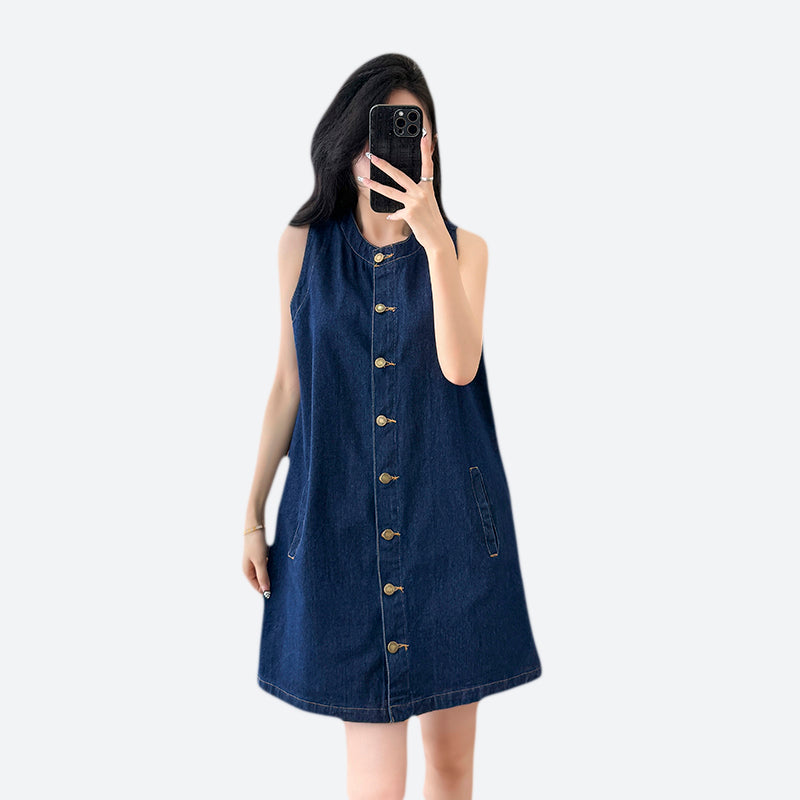 2025 Summer New Retro Design Denim Vest Dress for Women, Fashionable Sleeveless