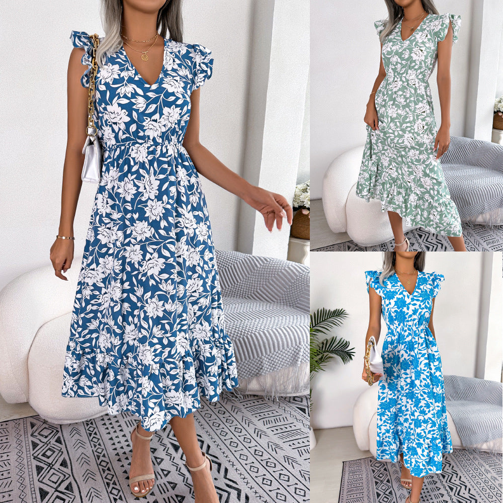 Spring and summer leisure mushroom edge flower waist cinching long skirt vacation dress