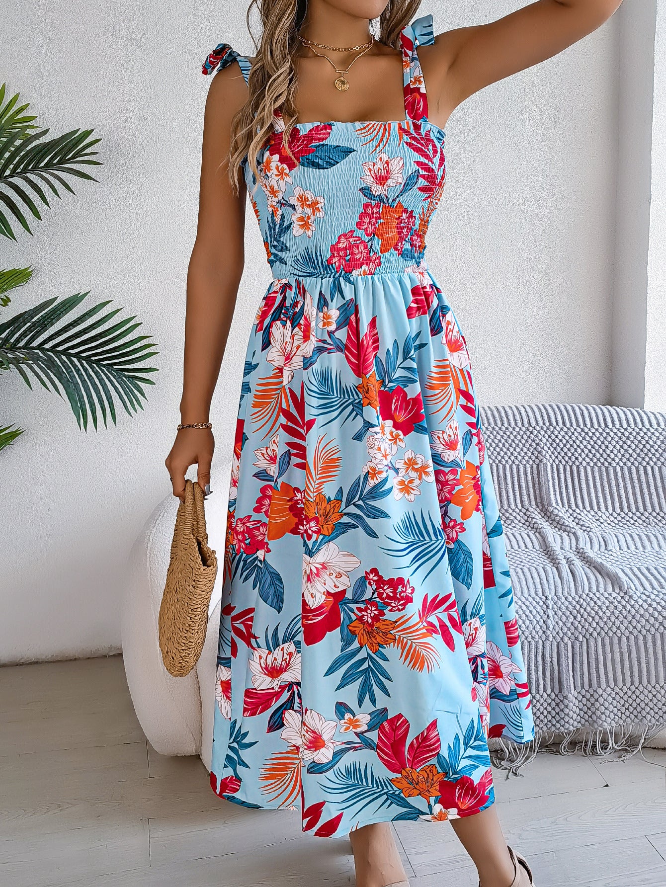 2025 Spring/Summer European and American Flower Strap Waist Strap Skirt Resort Beach Long Dress