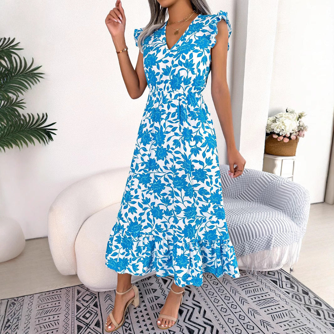 Spring and summer leisure mushroom edge flower waist cinching long skirt vacation dress