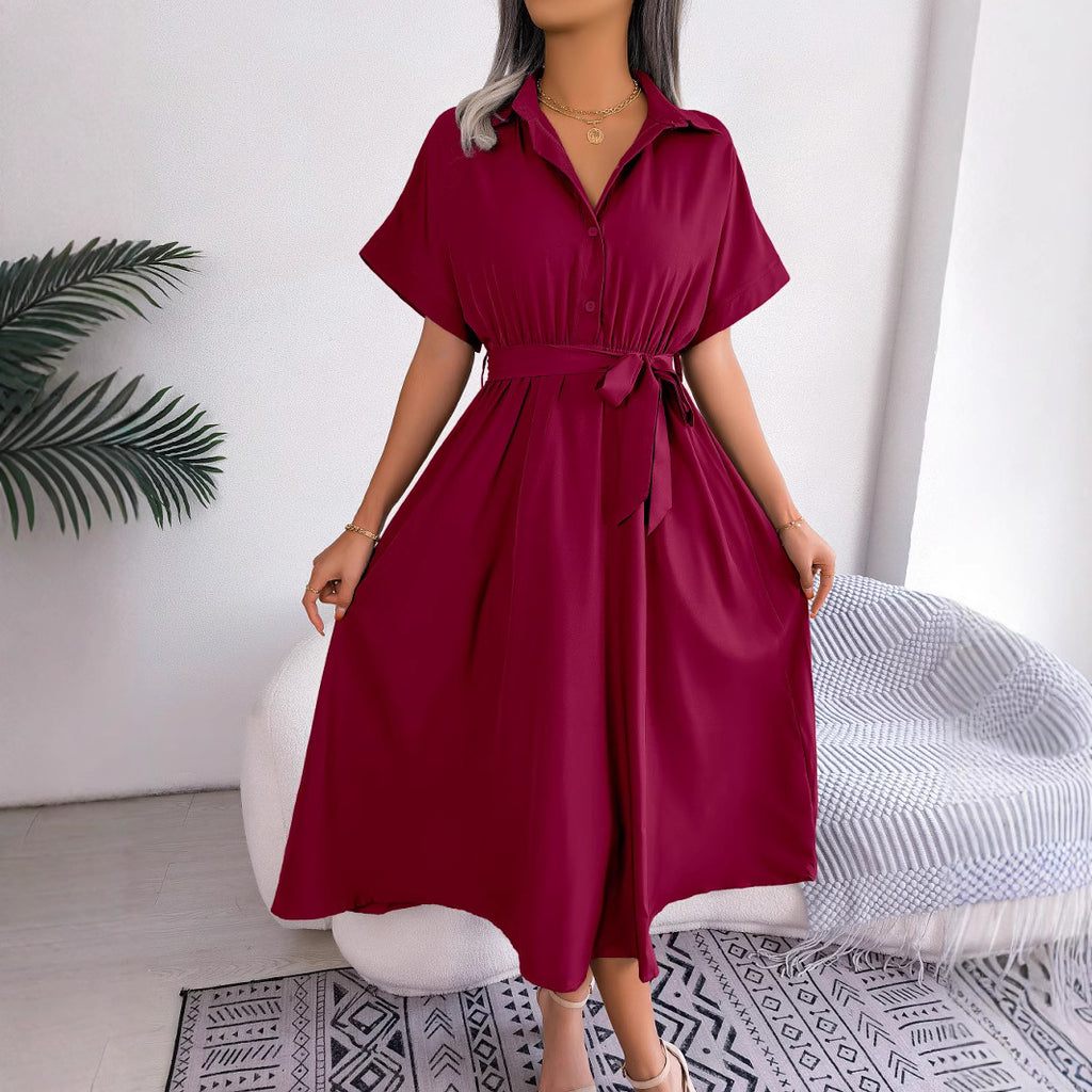 Summer European and American casual loose solid color lace up shirt skirt long skirt