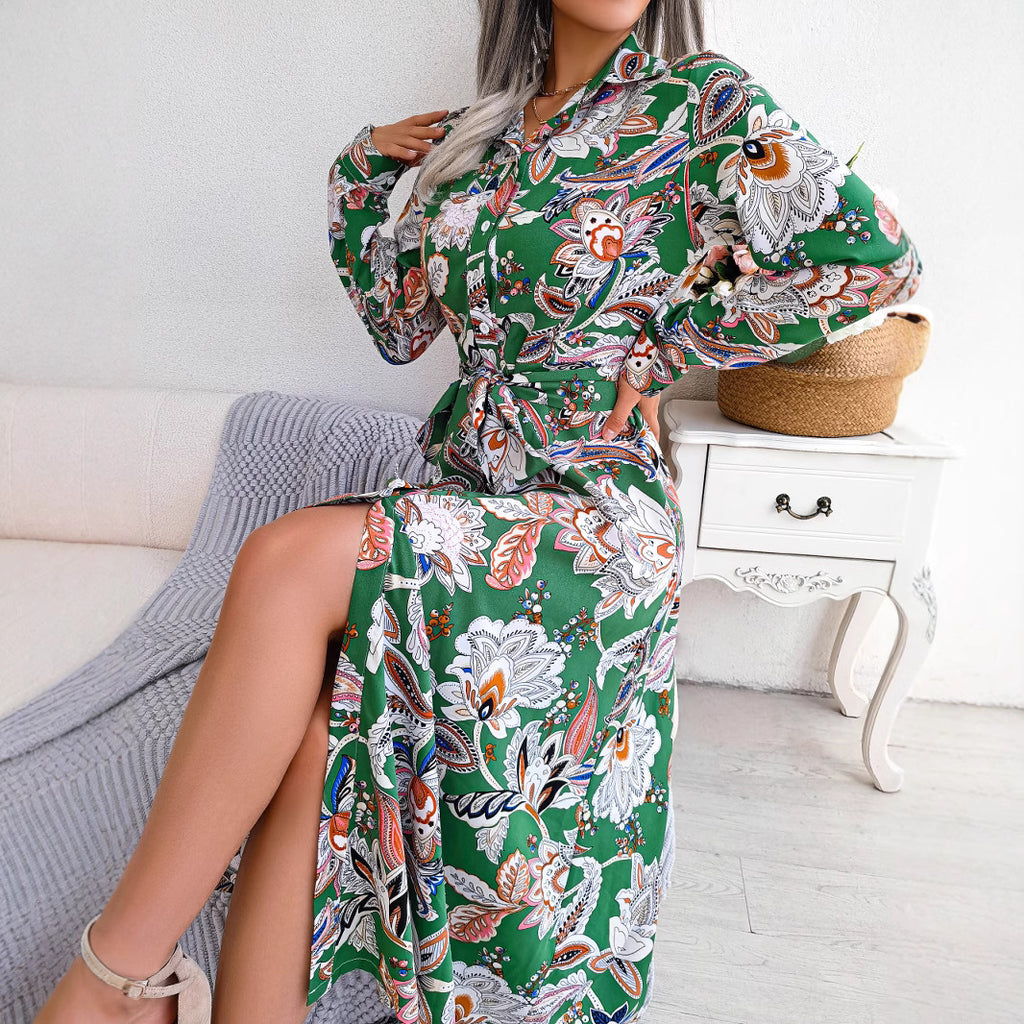 Leisure vacation style retro flower lapel tied shirt skirt long skirt