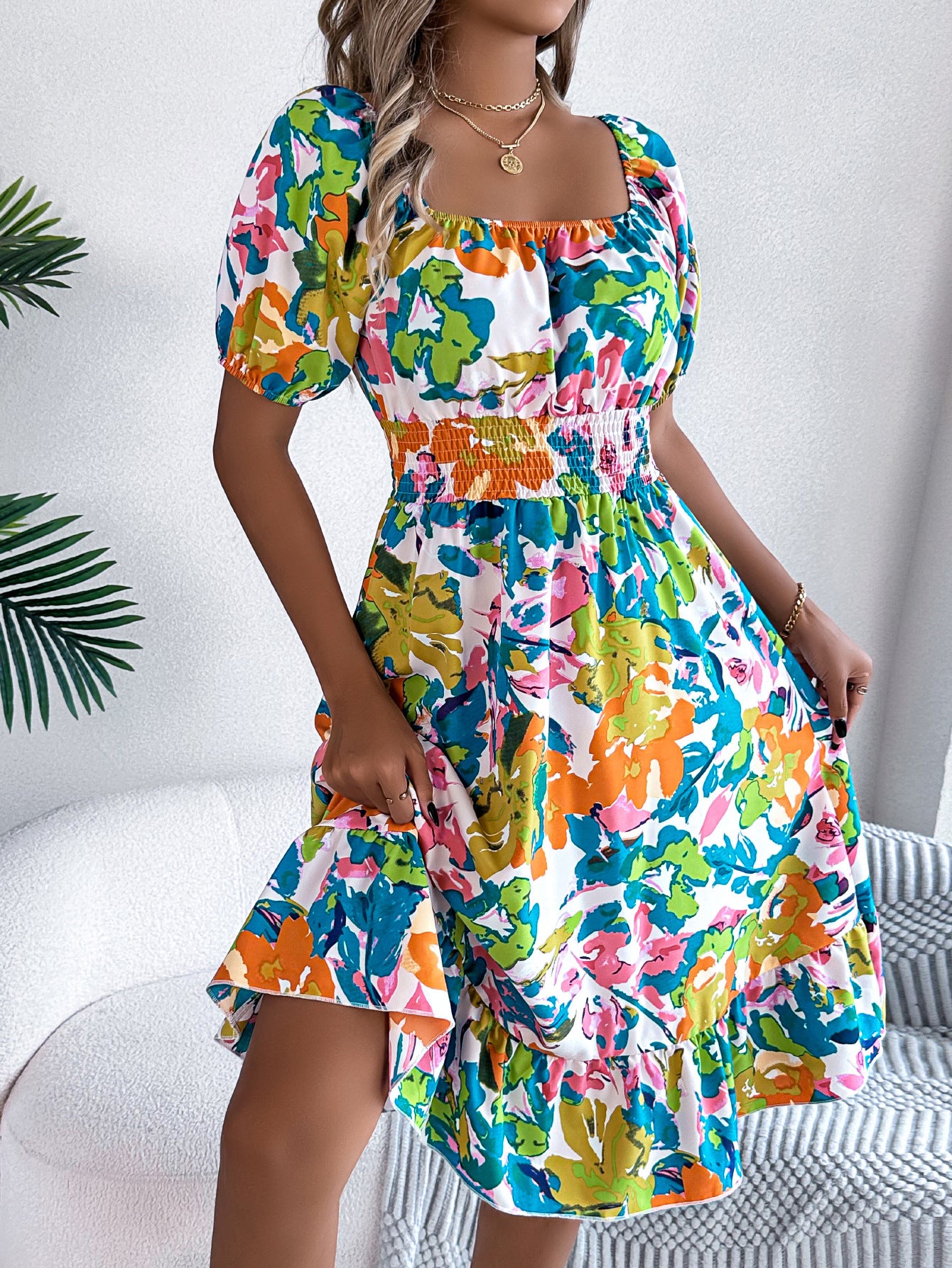 2025 Spring/Summer Casual Flower Square Collar Short Sleeve Waist with Lotus Leaf Edge A-line Skirt