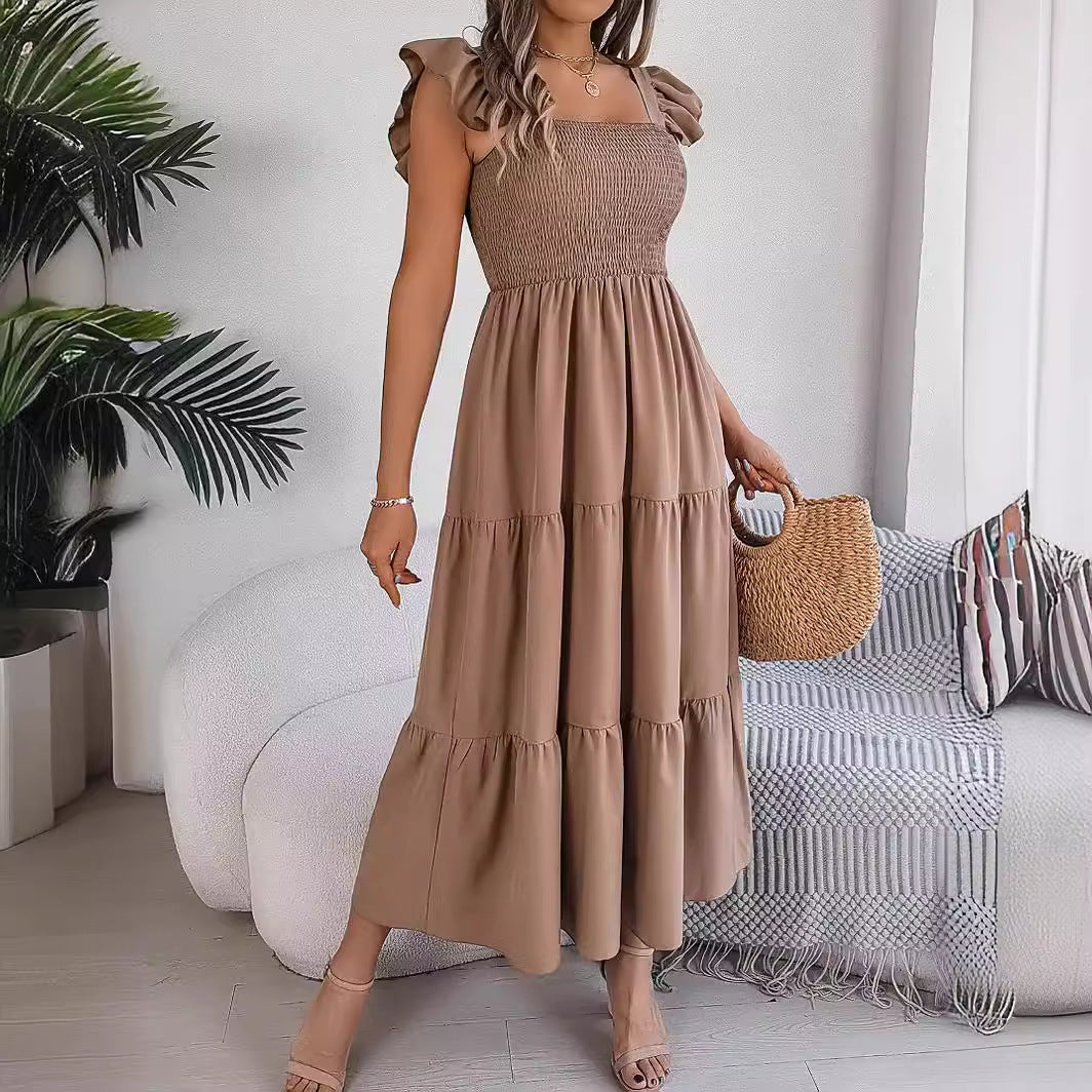 Summer European and American solid color square neck black fungus edge waist cinched A-line long skirt