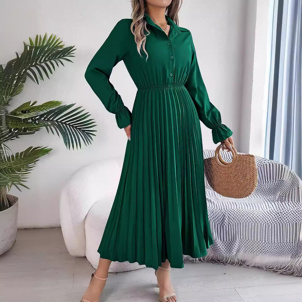 Casual lapel button long sleeved waist cinched pleated long skirt