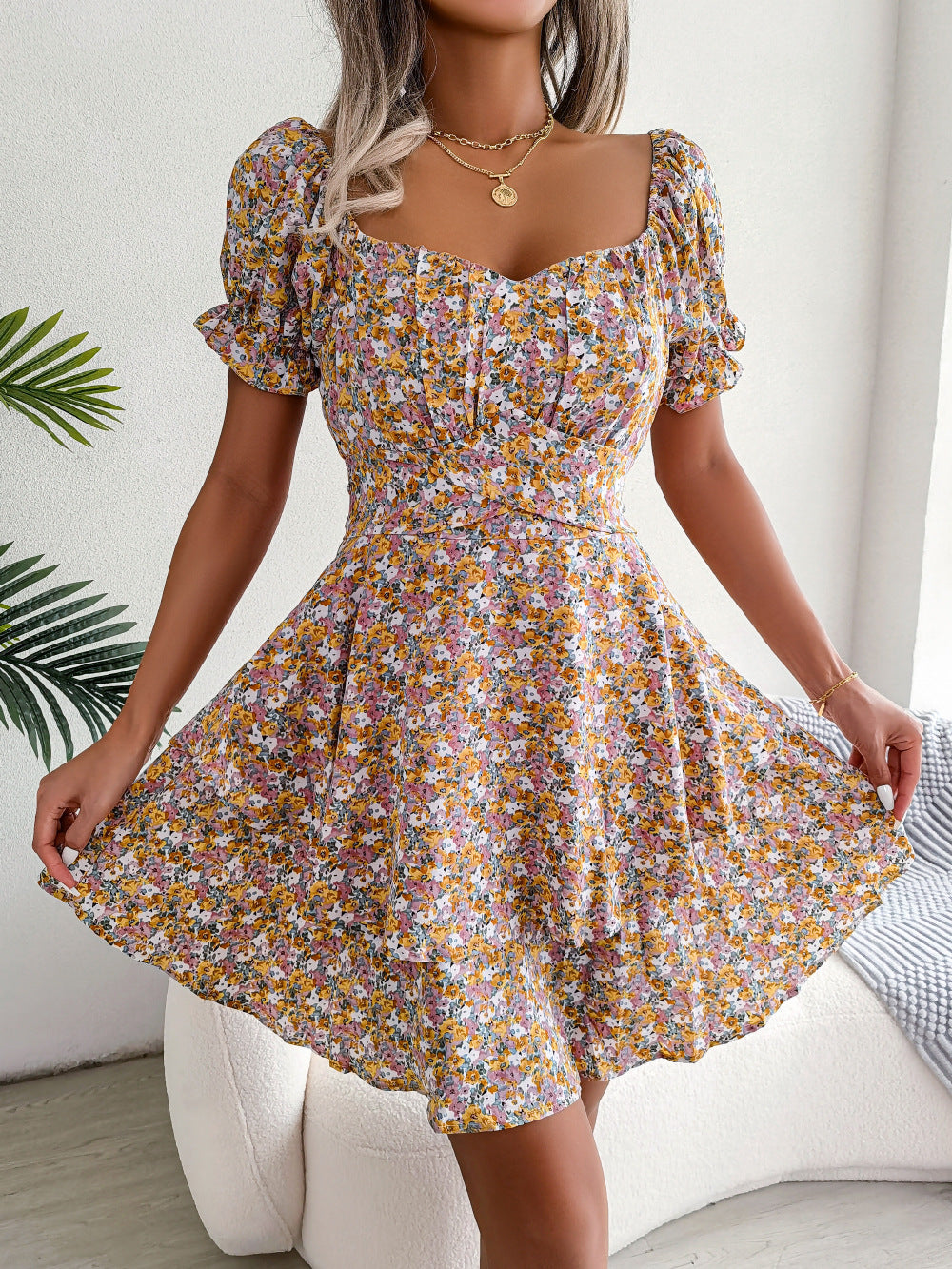 Spring and summer temperament floral lace up waist cinching big swing dress