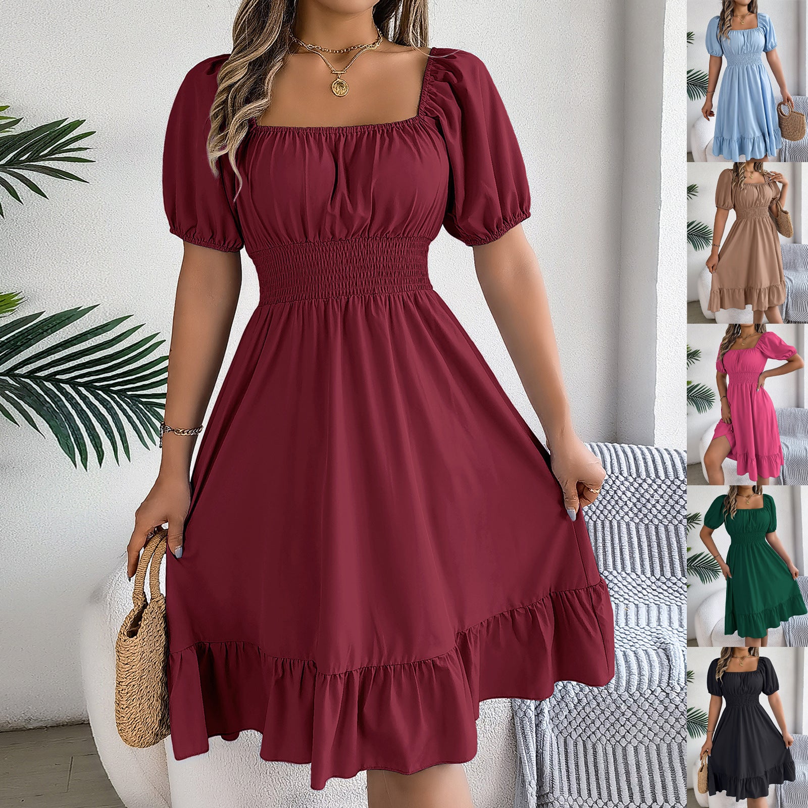Spring and summer European and American casual square neck short sleeved waist cinched ruffle A-line skirt