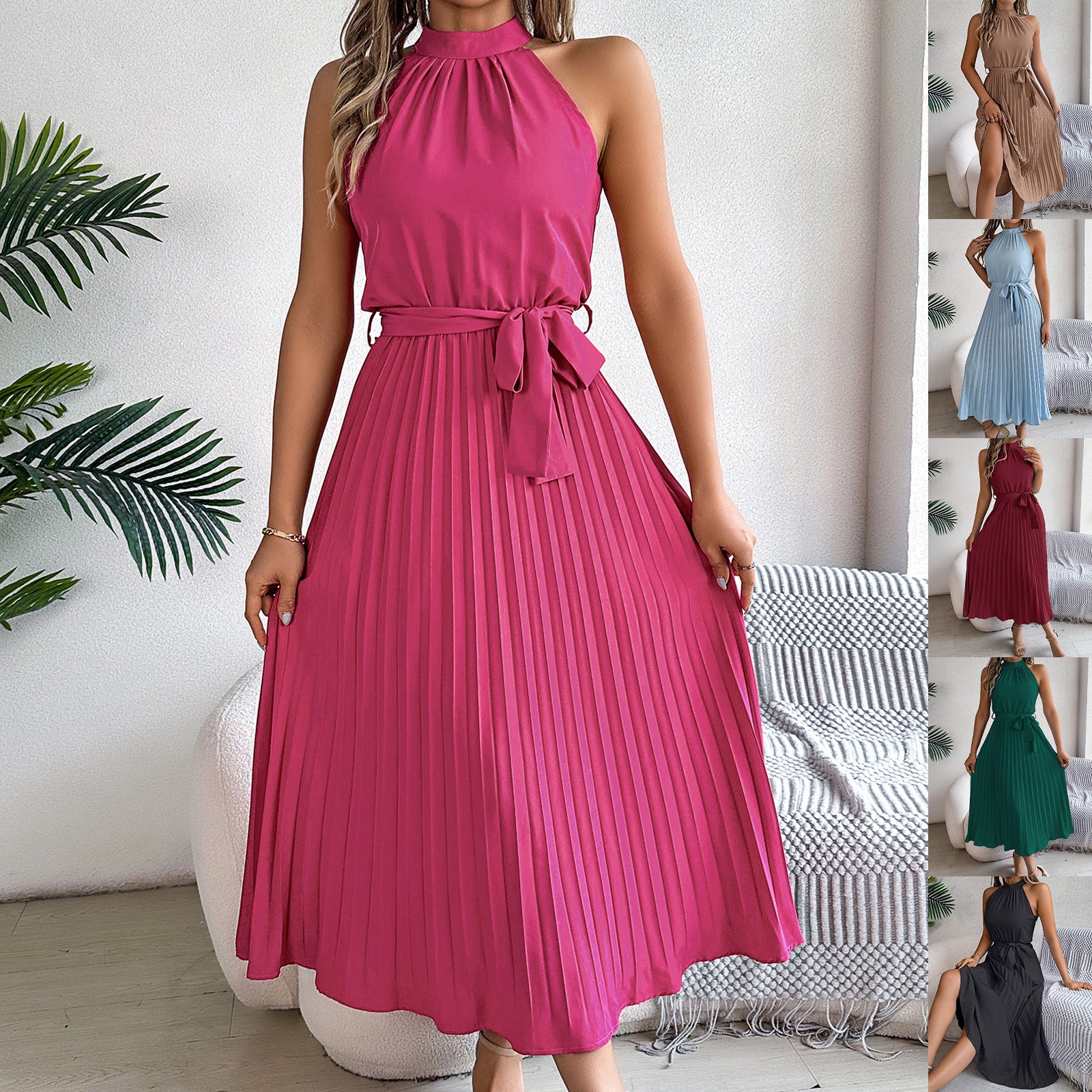 Spring and summer elegant standing collar sleeveless waist cinched pleated long skirt