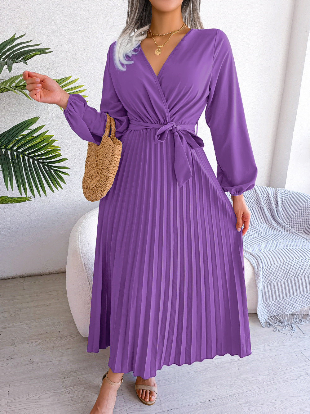 Cross style V-neck pleated long dress with European and American spring and summer temperament