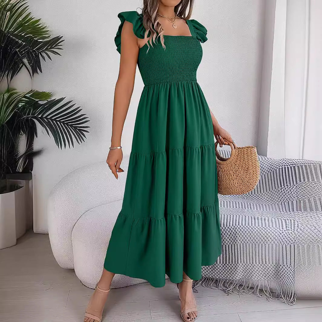 Summer European and American solid color square neck black fungus edge waist cinched A-line long skirt