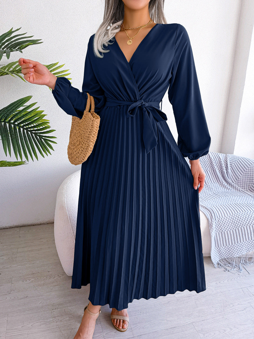 Cross style V-neck pleated long dress with European and American spring and summer temperament