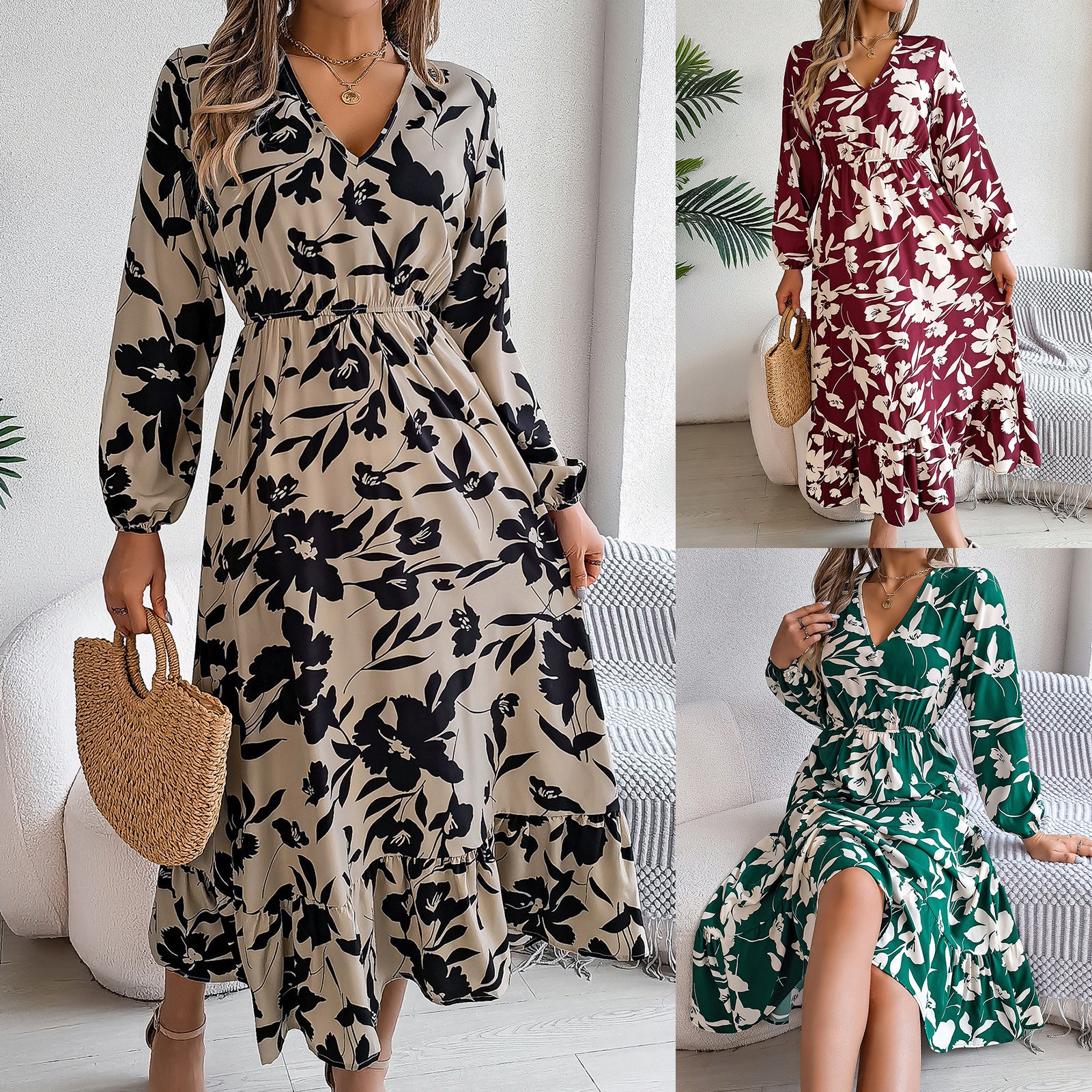 Casual floral print waist cinching long sleeved ruffle edge dress