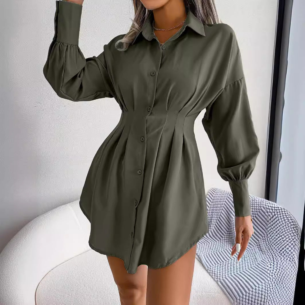 Leisure vacation style lantern sleeves, waist cinched asymmetrical dress, shirt skirt