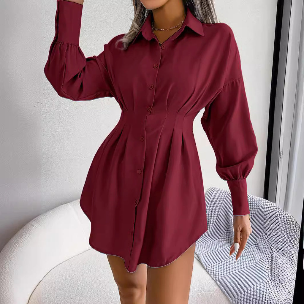 Leisure vacation style lantern sleeves, waist cinched asymmetrical dress, shirt skirt