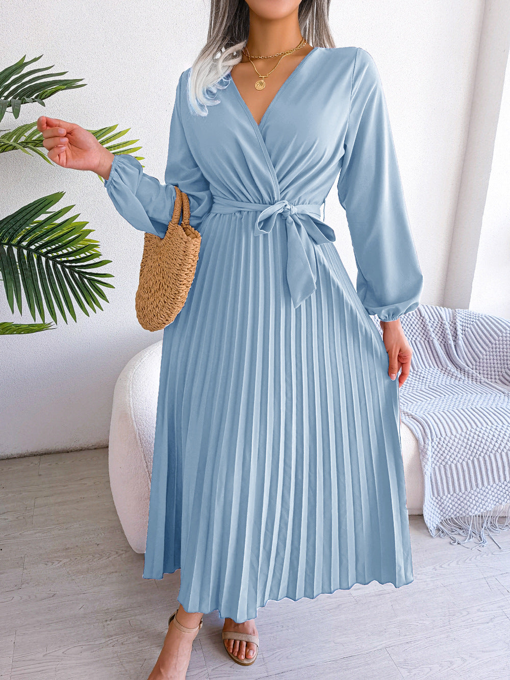 Cross style V-neck pleated long dress with European and American spring and summer temperament