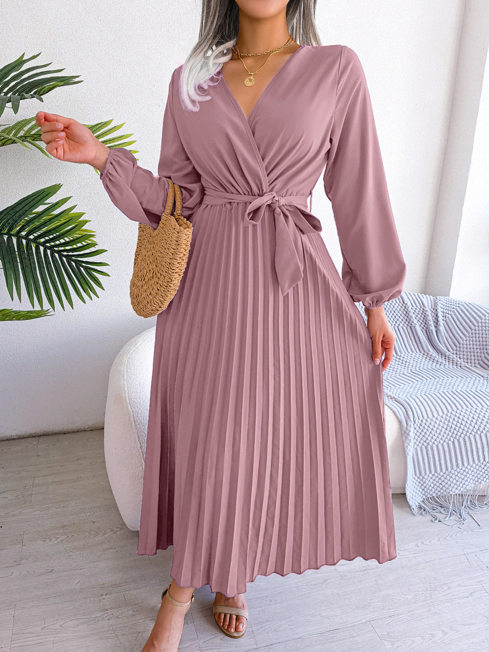 Cross style V-neck pleated long dress with European and American spring and summer temperament