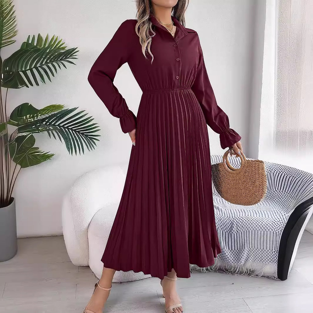 Casual lapel button long sleeved waist cinched pleated long skirt