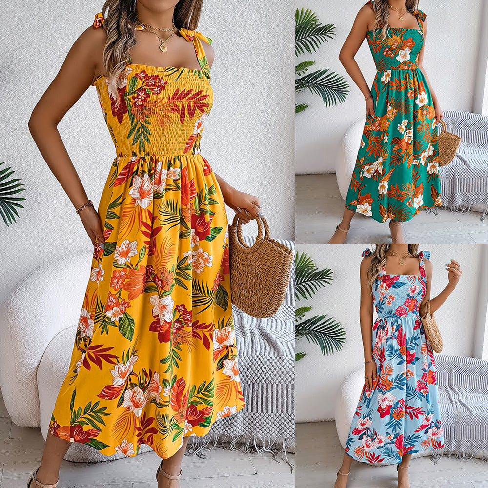 2025 Spring/Summer European and American Flower Strap Waist Strap Skirt Resort Beach Long Dress